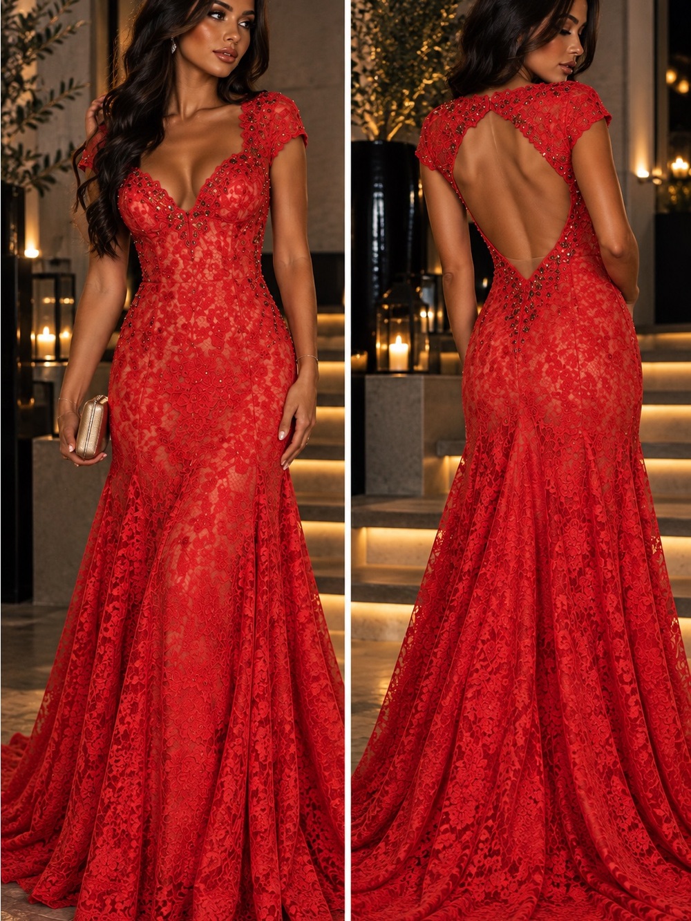 Elegant Red Lace Backless Evening Gown - Women Dresses